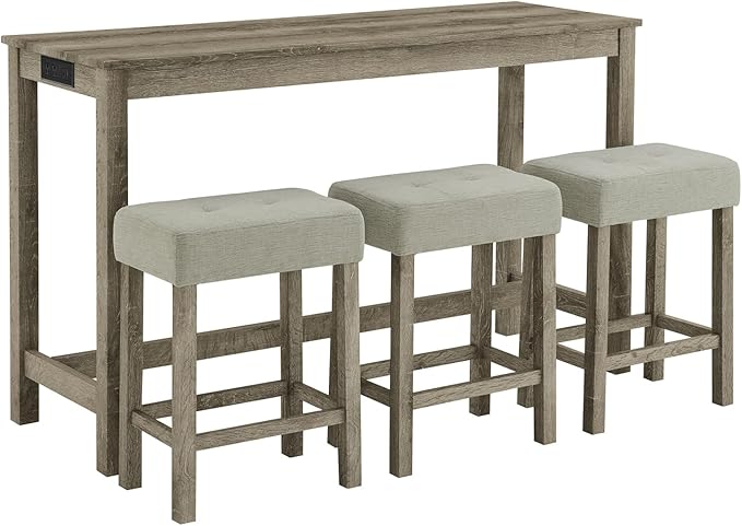 HMFULE 59'' Bar Table and Chairs Set with Power Outlet, Industrial Breakfast Table Set with 3 Padded Stools, Solid Wood Console Table Set for Living Dining Room, Brown