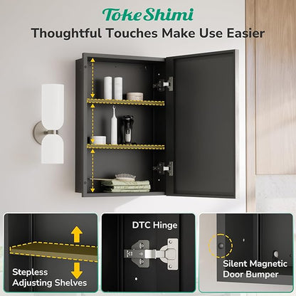TokeShimi 16x24 Beveled Mirrored Medicine Cabinet Wall Mounted or Recessed Medicine Cabinet with Mirror for Bathroom Brushed Nickel, Aluminum Framed Metal Mirror with Storage Adjustable