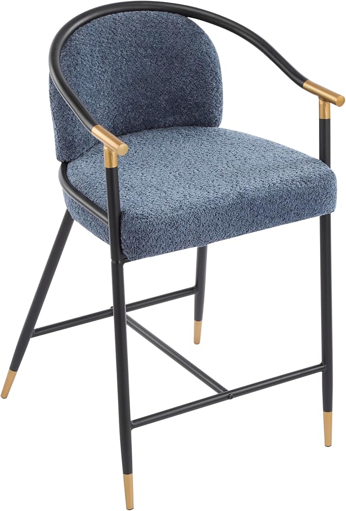Set of 2 Upholstered Counter Stools - 26" Seat Height Navy Blue Boucle Stools with Sturdy Iron Frame, Gold Trim+Black Base, Contemporary Design for Kitchen Island/Home Bar/Dining Area
