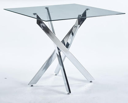 36" Square Dining Table for 2 3 4 People, Modern Dining Table with Silver Chrome Metal X-Shaped Legs, Small Glass Kitchen Tables Family Dinner Tables for Home Office Living Room