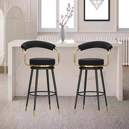 Swivel stools 1PC, Velvet Upholstered Stools with Hollow Back, Metal Chair Legs & Footrest for Kitchen Island Dining Room Pub Home, Seat Height 65cm, Black (Black Seat Height 75cm