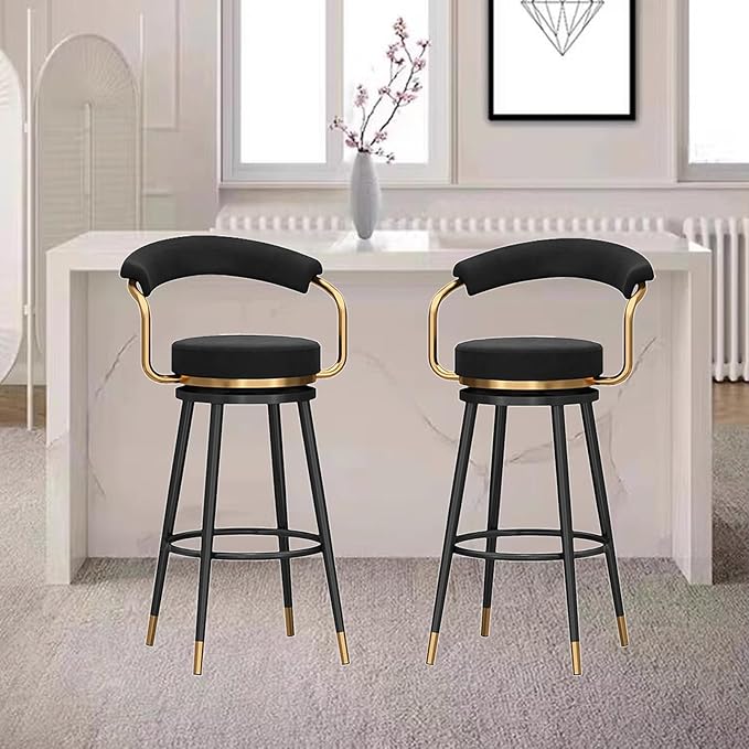 Swivel stools 1PC, Velvet Upholstered Stools with Hollow Back, Metal Chair Legs & Footrest for Kitchen Island Dining Room Pub Home, Seat Height 65cm, Black (Black Seat Height 65cm