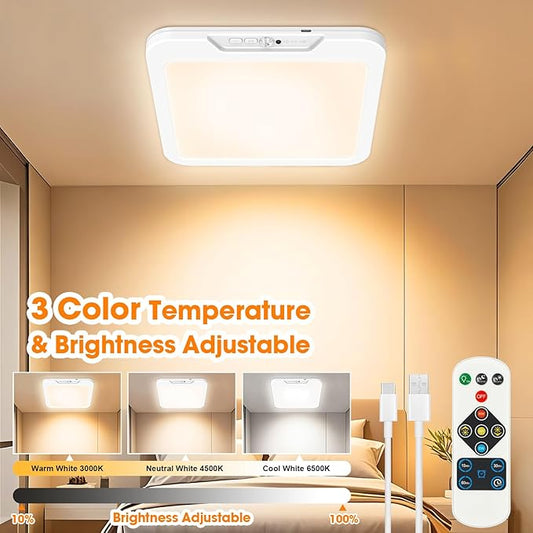 Rechargeable Ceiling Light with Motion Sensor & Remote, 3 Color Temperature (3000K/4500K/6500K), Timer & USB-C Battery Operated for Bathroom Shower Stairs Hallway Garage Pantry Porch (1 Pack)