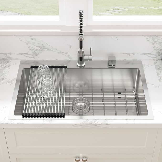 Sarlai 33 Kitchen Sink Drop In - 33 x 22 Inch Kitchen Sink Drop In Stainless Steel Topmount 16 Gauge Deep Single Bowl Above Counter Sinks Basin