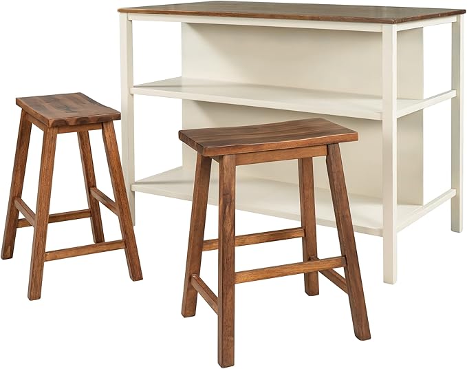 Solid Wood Rustic 3 45" Stationary Kitchen Island Set with 2 Seatings, Rubber Wood Butcher Block Dining Table Set Prep Table Set with 2 Open Shelves for Small Places,Walnut+Cream White JN401