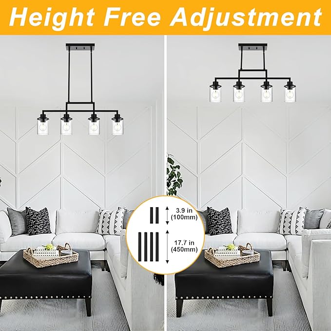 Yaohong Kitchen Island Lighting, 4-Light Farmhouse Dining Room Light Fisture Linear Chandelier Pendant Lighting with Clear Glas Shade, Matte Black Ceiling Pendant Light Fixtures for Dining Table