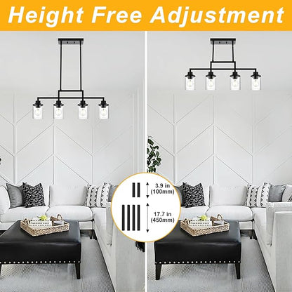 Yaohong Kitchen Island Lighting, 4-Light Farmhouse Dining Room Light Fisture Linear Chandelier Pendant Lighting with Clear Glas Shade, Matte Black Ceiling Pendant Light Fixtures for Dining Table