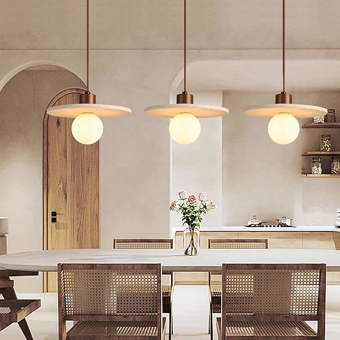 Japanese Wabi sabi Pendant Light with Natural Stone Shade, Dimmable Modern Wood Hanging Lamp Fixture, Adjustable Height Pendant Lamp for Bedroom, Kitchen Island, Dining Room, Restaurant, Cafe, Bar (M)