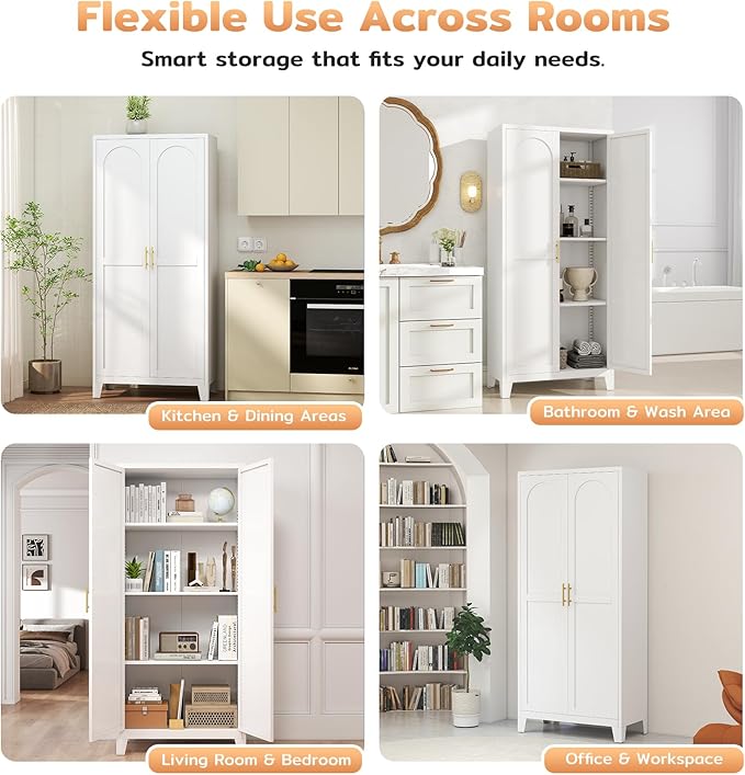 Zevemomo 61" H Metal Kitchen Pantry Cabinet, Freestanding Cupboard with 2 Doors and 3 Adjustable Shelves, Tall Metal Storage Cabinet for Kitchen, Bathroom, Dinning Room or Laundry Room （White）