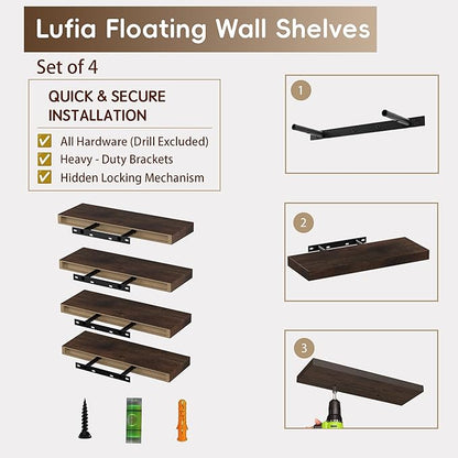Lufia Floating Wall Shelves, Set of 4, MDF with Invisible Brackets, Modern Storage for Bedroom, Bathroom, Living Room, Kitchen (Rustic Brown, 15.8" W x 5.5" D x 1.2" H)