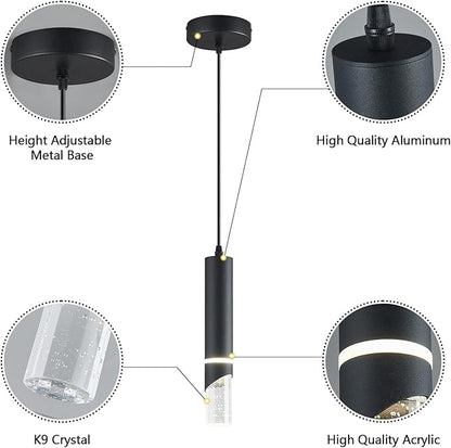 Modern Dimmable Led Pendant Lights Kitchen Island, Ideal for Living Room, Bedroom,Sink 6w LED Crystal Energy-Saving Hanging Lamp for Cozy Lighting (Black 2-Pack)