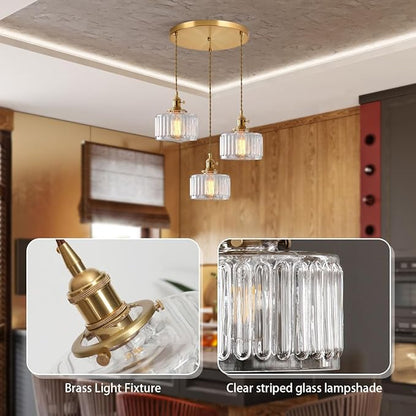Cluster 3-Light Kitchen Island Chandelier Glass Globe Ceiling Pendant Light Clear Striped Shade Mid Century Modern Chandelier Brushed Gold Hanging Lights Fixture Multi Chandeliers