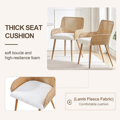 Rattan Dining Chairs,Upholstered Boucle Fabric Dining Chairs with Armrest and PE Cane Backrest, Mid Century Modern Dining Room Chairs with Metal Legs for Kitchen Island,Set of 4