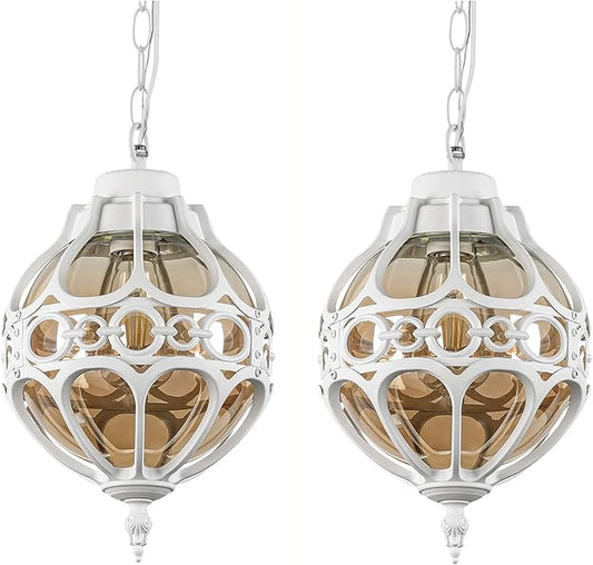 Globe Outdoor Pendant Lights, White Aluminum Waterproof Hanging Light Fixture for Porch Entryway Hallway, Vintage Round Exterior Chandelier, Outside Pendant Lamp with Amber Glass, 2 Pack