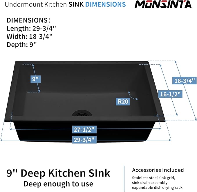 Black Kitchen Sink, Matte Black Granite Composite Kitchen Sinks with Accessories, 30 Inch Undermount Quartz Stone Kitchen Sinks, 30" x 19" x 9" Large and Deep Single Bowl Kitchen Sinks