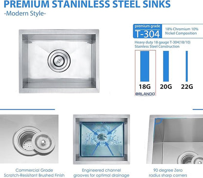 13 Inch Undermount Bar Sink, ORLANDO 13'' x 15'' Stainless Steel Bar Sink 18 Gauge Handmade Undermount Single Bowl Small Kitchen Sink with Strainer