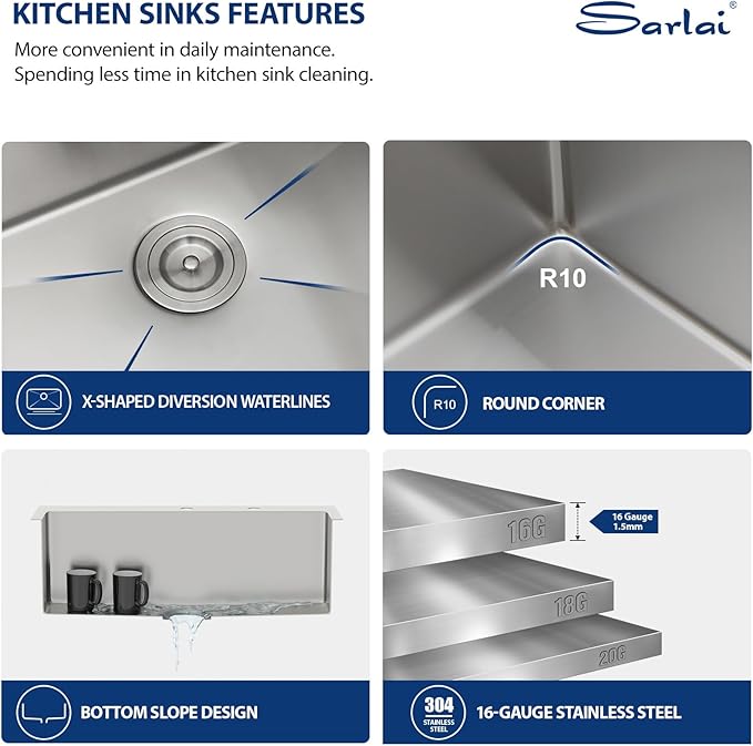 Sarlai 30 Kitchen Sink Drop In - 30 x 22 Inch Topmount Kitchen Sink Stainless Steel 16 Gauge Deep Single Bowl Over Counter Kitchen Sinks Basin