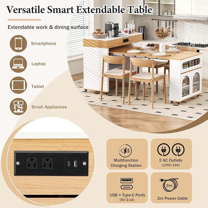 Extendable Dining Table with Rolling Kitchen Island, 54.1" Folding Top, Storage Cabinet, Drawers, Power Outlet, USB Ports, Brake Lock Wheels, 4-5 People, 110 LBS Capacity, Natural