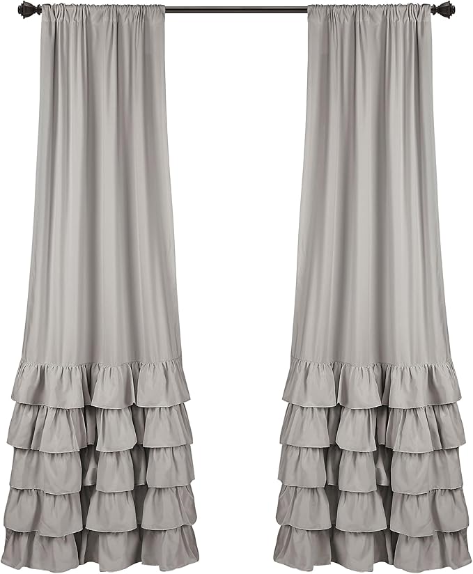 Lush Decor Allison Ruffle Light Filtering Window Curtain Panels Pair 40" W x 84" L Light Gray - Coquette Curtains for Bedroom - Ruffle Curtains Kids