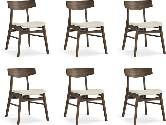 KISLOT Wooden Dining Chairs Set of 6, Upholstered Modern Dining Room Chairs, Mid Century Oak Kitchen Chairs with Curved Wood Backrest for Kitchen, Restaurant, Farmhouse (Cream Fabric & Walnut Color)