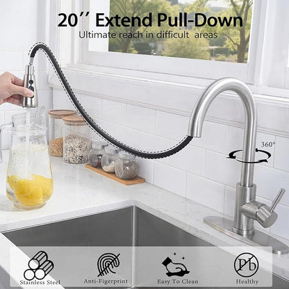 HOTIS Kitchen Faucet with Pull Down Sprayer, Brushed Nickel Stainless Steel High Arc Single Handle Faucets with Deck Plate for 1 or 3 Hole, Suitable for Farmhouse Camper Rv Bar, HT-KYT010L-D-2
