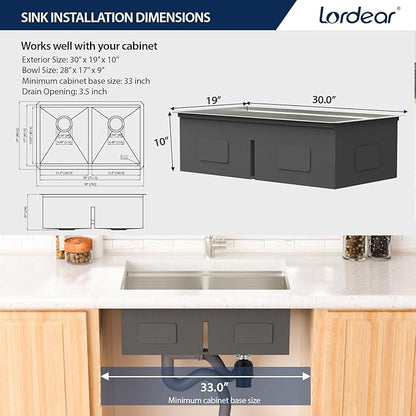 Lordear 33 Double Bowl Kitchen Sink 33x19 Inch Undermount Sink Low Divide Workstation Double Bowl 50/50 16 Gauge Stainless Steel Sinks Basin Handmade