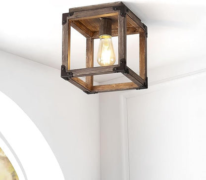 JONATHAN Y 8" Brown Oil Rubbed Bronze 1-Light Iron Flush Mount, Rustic Farmhouse Square Ceiling Light, Industrial Metal Open Frame for Kitchen Hallway, LED Bulb Included JYL7473A