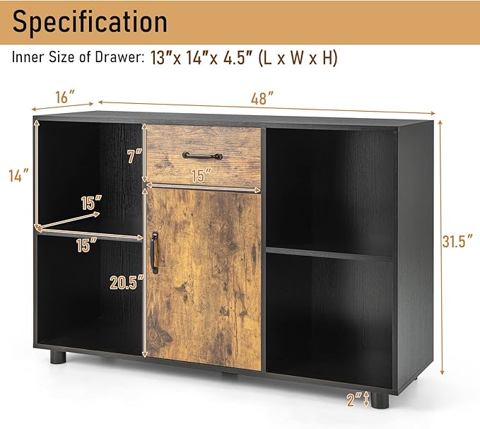 Giantex Large Buffet Sideboard with Storage, Stationary Island with 4-Cube Organizer, 1 Drawer, 1-Door Cabinet, Kitchen Cupboard for Living Room, 48” x 16” x 31.5”