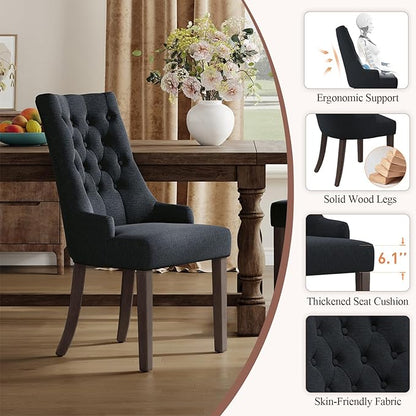 COLAMY Wingback Upholstered Dining Chairs Set of 6, Fabric Side Dining Room Chairs with Tufted Button, Living Room Chairs for Home Kitchen Resturant- Black