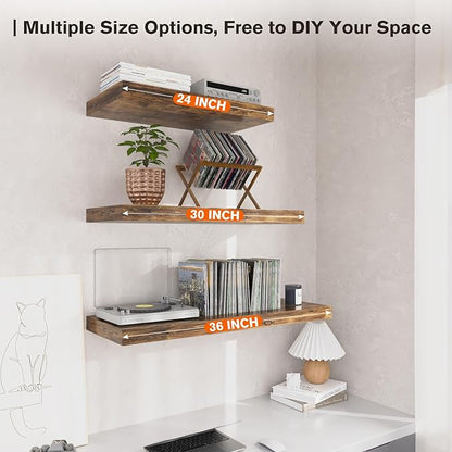 Floating Shelf, Set of 1 Wall Shelf, 24 in W x 12.75 in D x 2 in H Wooden Floating Wall Shelf with Invisible Brackets for Living Room/Bedroom/Bathroom/Kitchen Storage and Decor, Rustic Brown