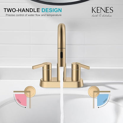 KENES Champagne Bronze Pull Down Bathroom Faucet, 4 Inch 2 Handle Centerset Bathroom Faucet 3 Hole with Pull Out Sprayer, Bathroom Vanity Faucet with Pop Up Drain & Supply Lines LJ-9069-CB