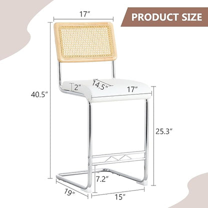 Counter Height Dining Set with Rattan Back Stools,Bar Table with 2 Drawers,Upholstered Kitchen Island Chairs,Chrome Cantilever Frame,Modern Furniture for Dining Room (Wood Table,2 White Chairs)
