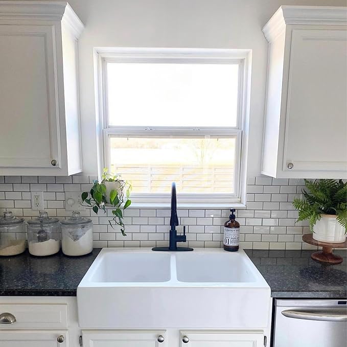 Sinkology Parker 34 Inch White Fireclay Quick-Fit Drop-In Kitchen Sink, Double Bowl, Apron Front, Undermount Installation, Fits 36 Inch Cabinet, Surefire Finish