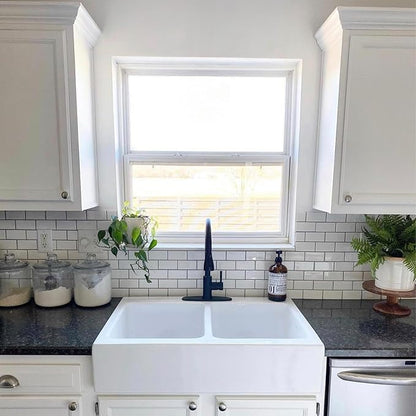 Sinkology Parker 34 Inch White Fireclay Quick-Fit Drop-In Kitchen Sink, Double Bowl, Apron Front, Undermount Installation, Fits 36 Inch Cabinet, Surefire Finish