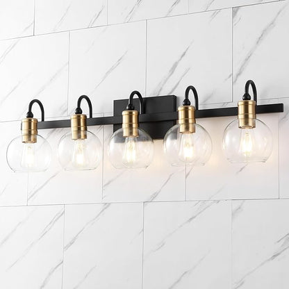 JONATHAN Y 36.5" Black/Brass Gold Vintage Wall Sconce, LED Vanity Light for Bathroom Bedroom Entryway, Clear Glass Globe Shade, Modern Industrial Arched Lamp, LED Bulb Included (JYL3556A)