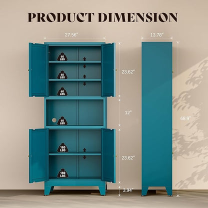 69"H Metal Pantry Cabinet with Microwave Stand,Tall Kitchen Storage Cabinets,Blue Food Pantry Cabinet with 4 Doors and Shelves, Large Hutch Cabinets for Kitchen, Dining Room, Living Room and Bathroom