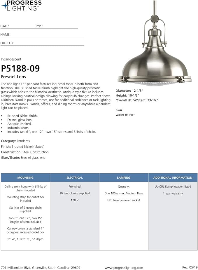 Progress Lighting 1-Light Fresnel Glass Coastal Pendant Light, Fresnel Lens Collection , Indoor, P5188-09, Brushed Nickel