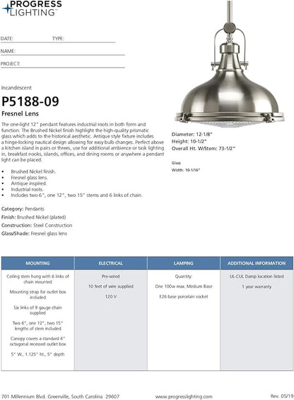 Progress Lighting 1-Light Fresnel Glass Coastal Pendant Light, Fresnel Lens Collection , Indoor, P5188-09, Brushed Nickel
