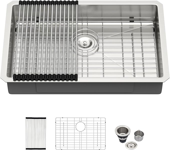 Kichae 27 Inch Undermount Kitchen Sink 27” x18” x5” Kitchen Sink Stainless Steel 16 Gauge Shallow Kitchen Sink Round Corner Handmade Basin
