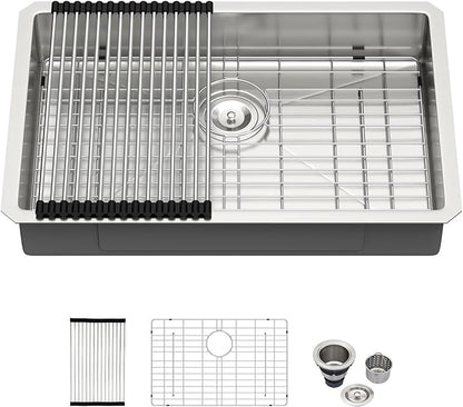 Kichae 27 Inch Undermount Kitchen Sink 27” x18” x5” Kitchen Sink Stainless Steel 16 Gauge Shallow Kitchen Sink Round Corner Handmade Basin