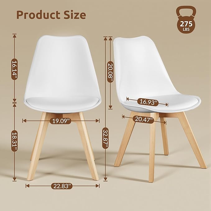 CangLong Dining Chairs Set of 4, Mid Century Modern Kitchen and Dining Chair, Soft Padded Dining Desk Chairs with Wood Legs, for Kitchen, Dining, Living Room & Bedroom, White