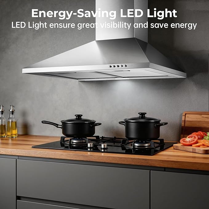 24 Inch Wall Mount Range Hood, Stainless Steel Range Hood 450 CFM, Ducted/Ductless Convertible Kitchen Hood with Push Button Control, 3 Fan Speed, 2 Pcs Mesh Filters