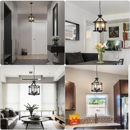 Black Farmhouse Chandelier, 4-Light Pendant Lights over Kitchen Island, Industrial Chandelier Ceiling Hanging Light Fixtures for Entryway Dining room Foyer Hallway Living Room, Adjustable Height