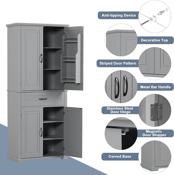 Storage Pantry Cabinet with Door and Shelf Organizer, Kitchen Cupboard for Entryway, Living Room or Bathroom, Adjustable Shelves, Gray