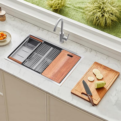 VEVOR 33 inch Kitchen Double Sink, 304 Stainless Steel Undermount Sink Drop-In Single Bowl Farmhouse Basin with Ledge & Multiple Accessories, Household Dishwasher Sinks for Prep Kitchen, Bar 33"*19"