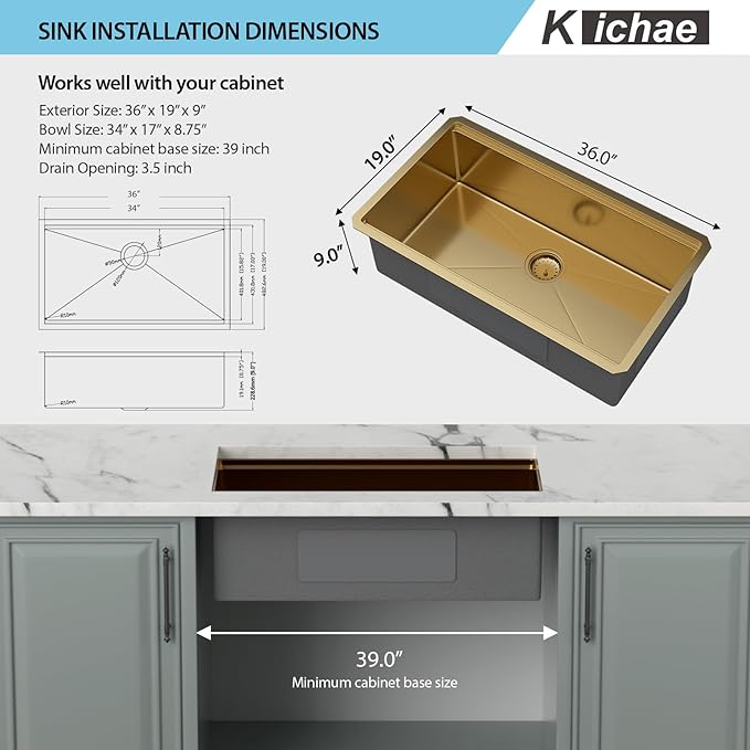 36 Inch Gold Undermount Kitchen Sink - Kichae 36 x 19 Stainless Steel Undermount Sink Ledge Workstation 16 Gauge Single Bowl Round Corner Handmade Deep Bowl with Cutting Board