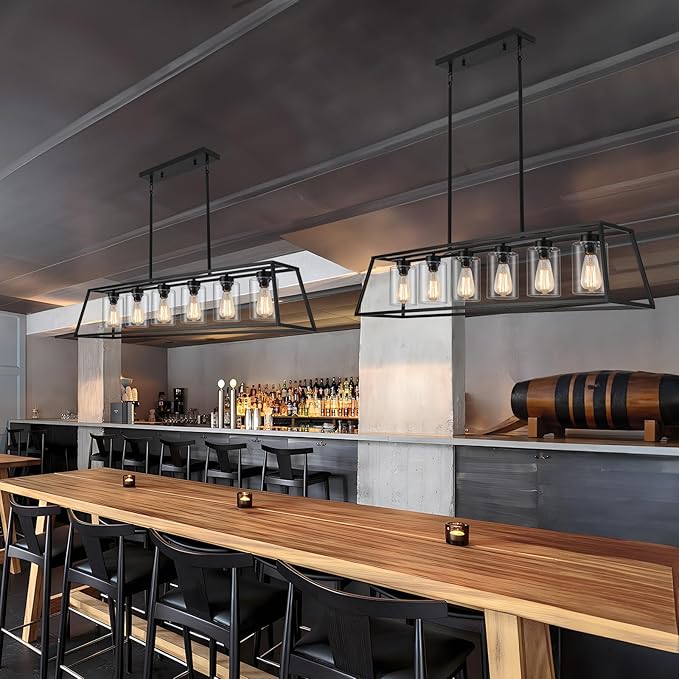 Rectangle Chandeliers for Dining Room | 6-Lights Black Dining Room Light Fixture with Clear Glass Shade | Apply to Kitchen Chandeliers Over Table