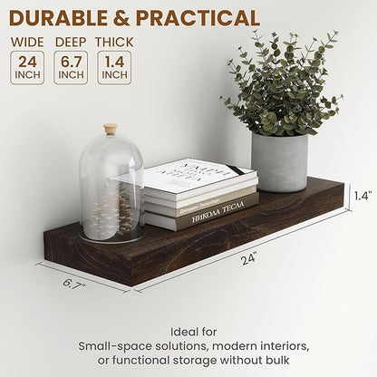 Fun Memories Wood Floating Shelves 24 Inch Long, Rustic Elm Wood Wall Shelves for Farmhouse, Living Room, Kitchen, Wall Mounted Bathroom Shelf Floating Shelf with Invisible Bracket Set of 2, Walnut