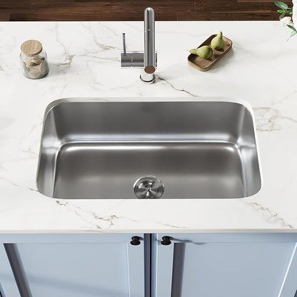 DeerValley 30 Inch Undermount Kitchen Sink 18 Gauge Stainless Steel Kitchen Sink Spacious Single Bowl Sinks with Basket Strainer Curved Shape Round Corner Deep Sinks for Modern Kitchens