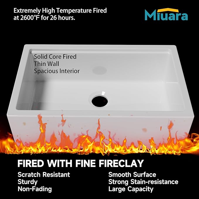 Miuara Self Trimming Farmhouse Workstation Sink 33 Inch - Tall Apron Front Fireclay Kitchen Sink 33"x20"x10", Dual Mount: Undermount & Topmount, Farm House Style Single Bowl, Glossy White, for Kitchen
